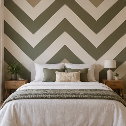 Design inspiration: Repeating olive green and cream chevron painted bedroom accent wall