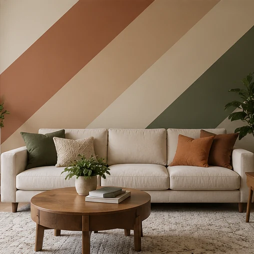 Design inspiration: Wide diagonal terracotta, beige and olive painted living-room accent wall