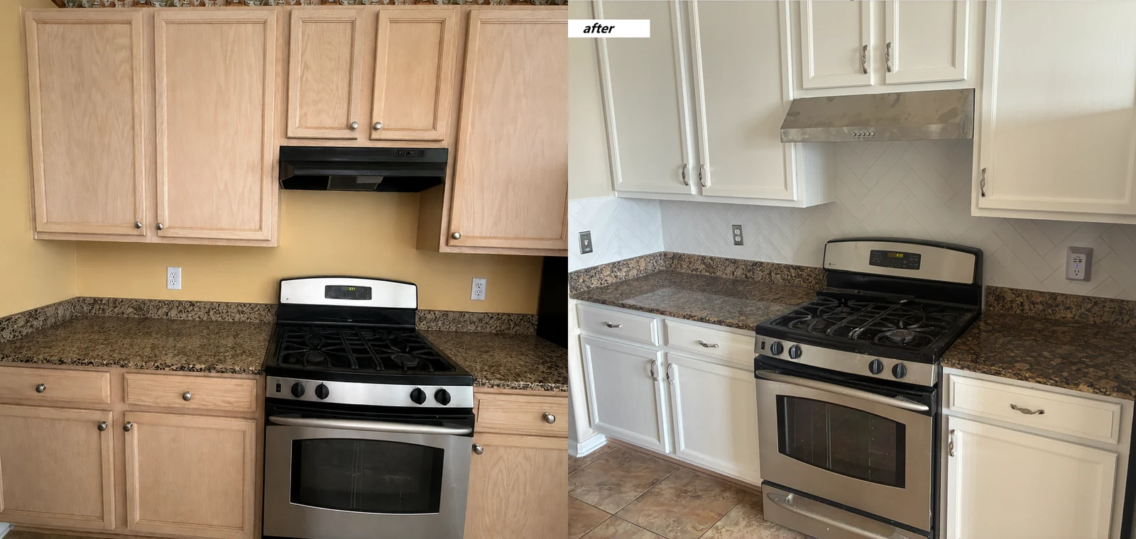 Before and after kitchen cabinet painting and refinishing project
