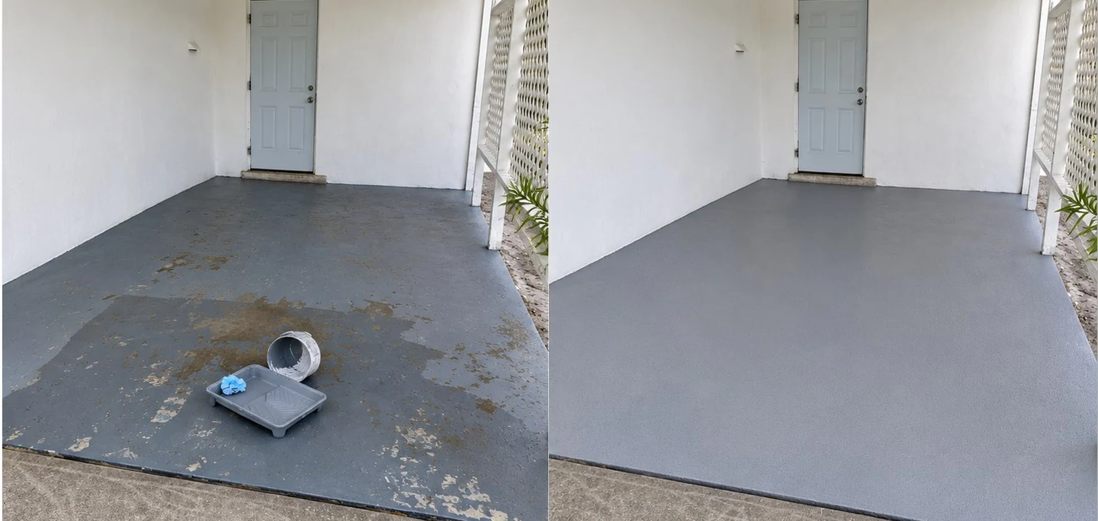 Before and after painted patio floor project