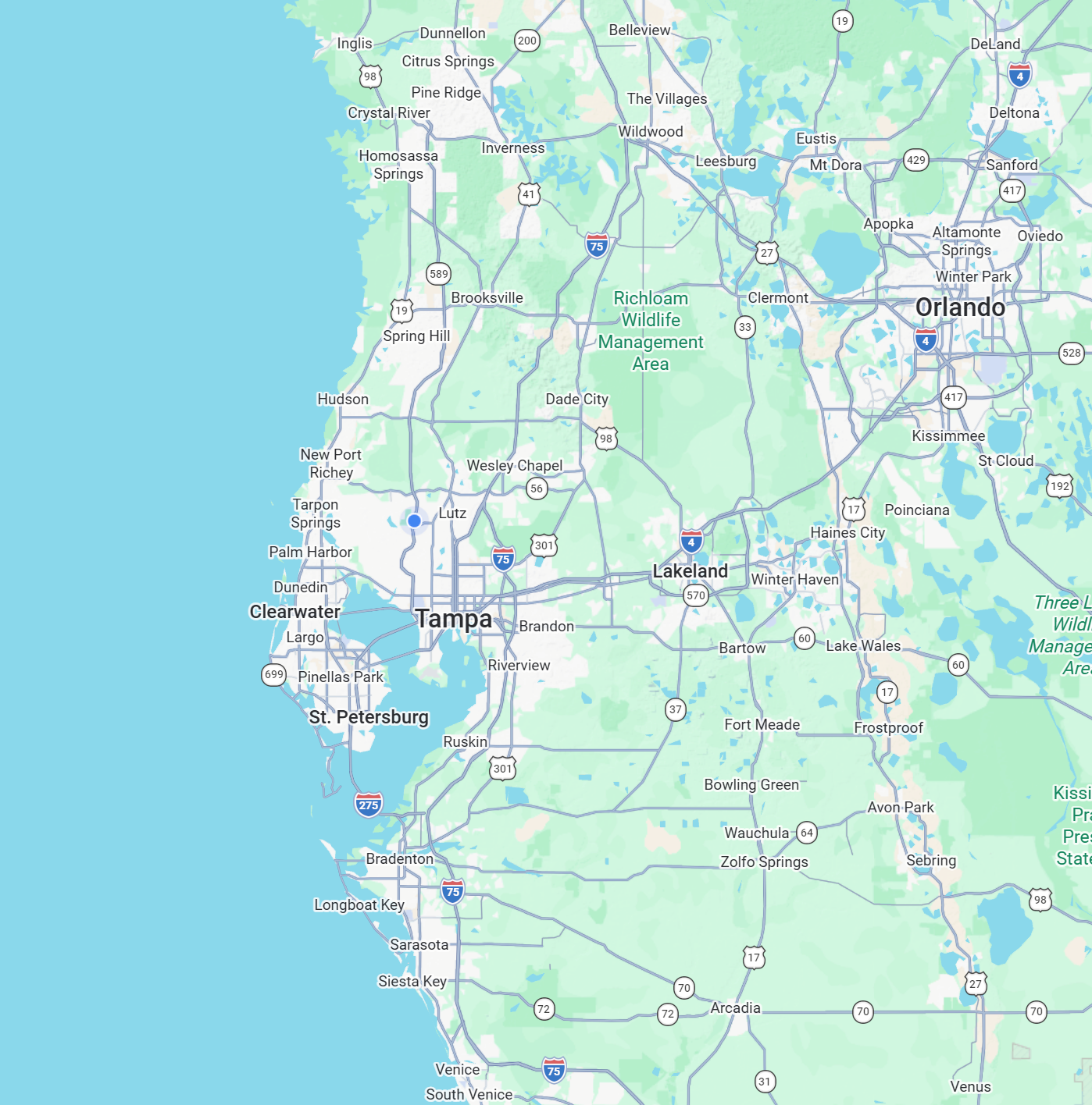 Map of central Florida showing the approximate Paint Republic service area around Lutz